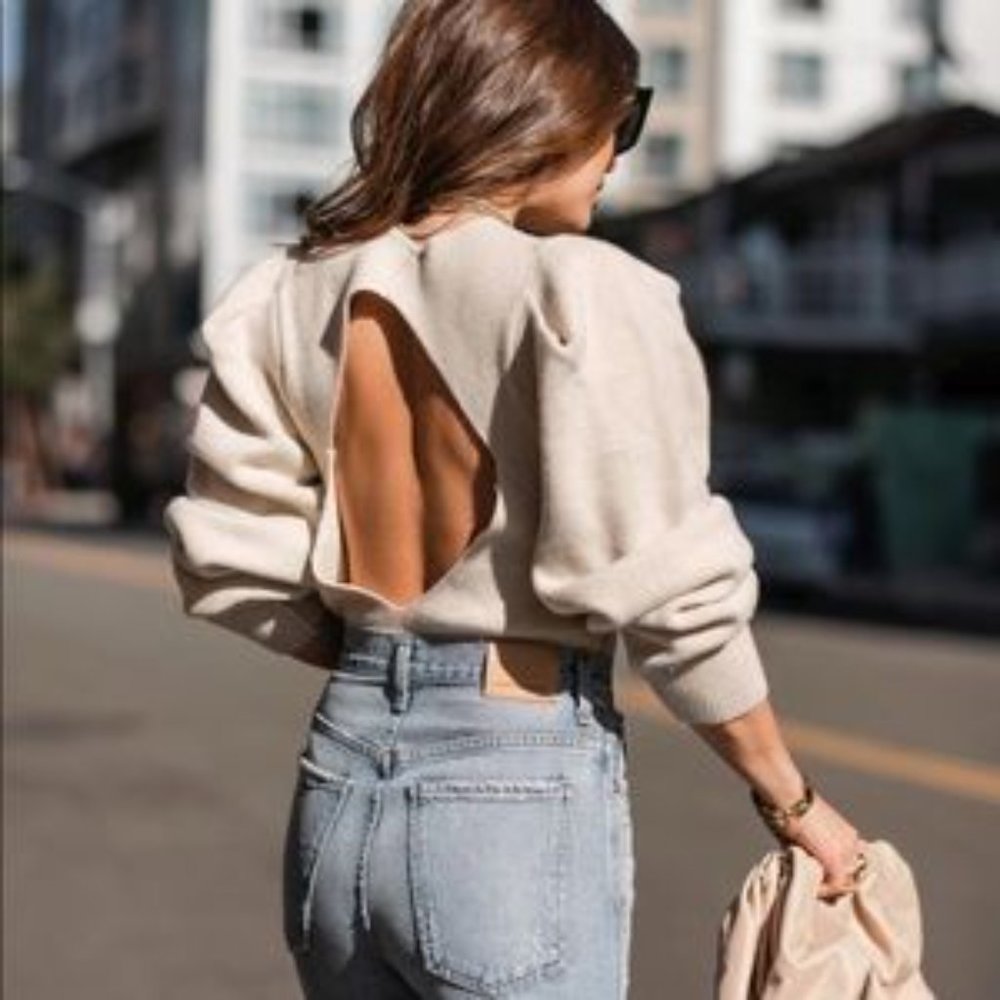 NWT Free People Saffron Sweater Top in Oatmeal M Square Neck Ribbed Cream/Tan